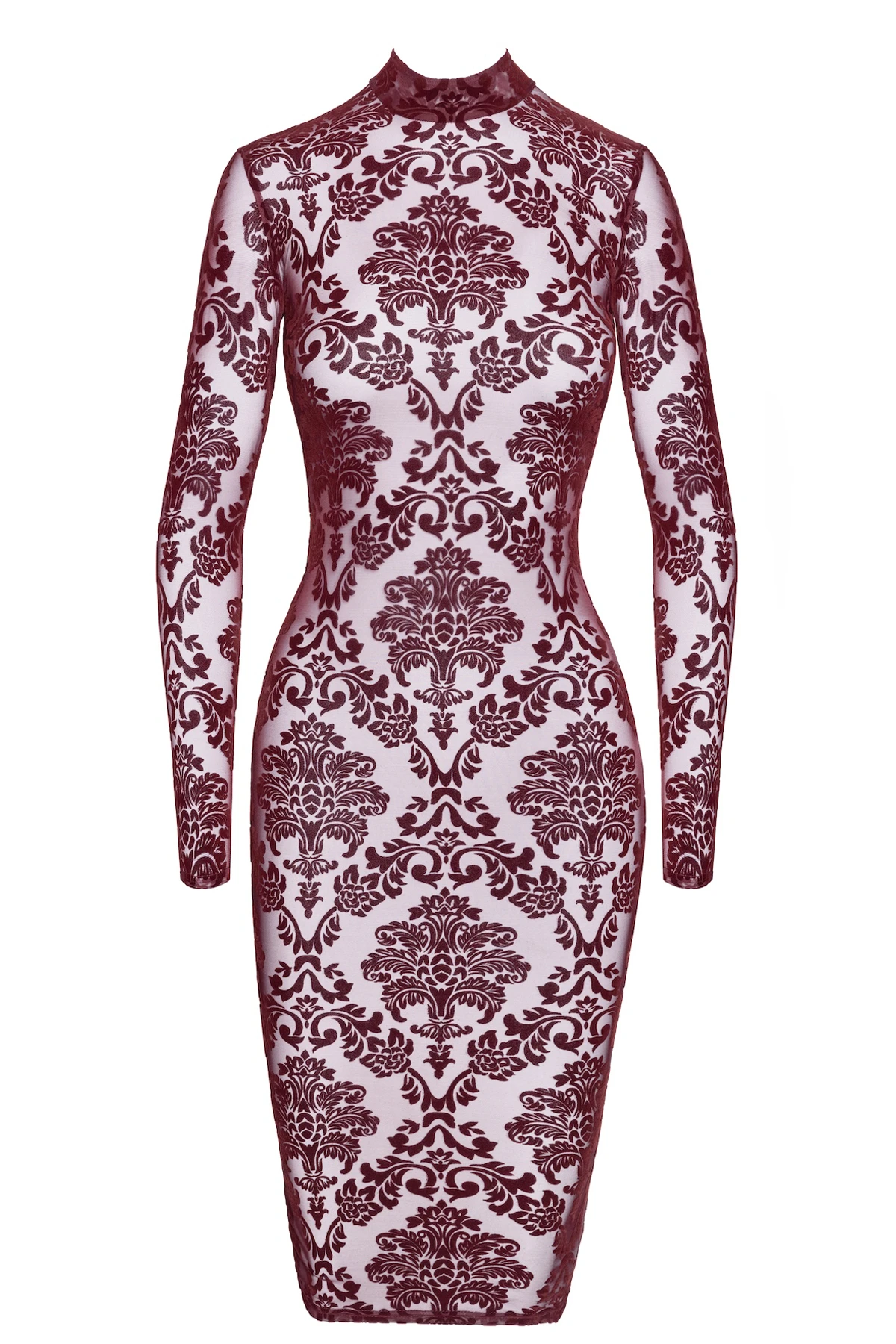 F384 halblanges Flockkleid Kinky Royal aus weichem elastischem Tüll mit floraler Flockstickerei, tiefem Rückenausschnitt und Hakenverschluss am Kragen – knielanges Design, das deine Kurven betont – von Noir Handmade