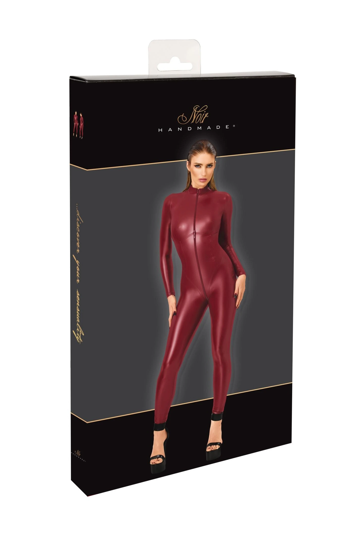Noir Handmade F395 Wetlook Kinky Overall Burgundy – Aufreizender Neckholder-Catsuit mit 3-Wege-Reißverschluss & Korsett-Nähten