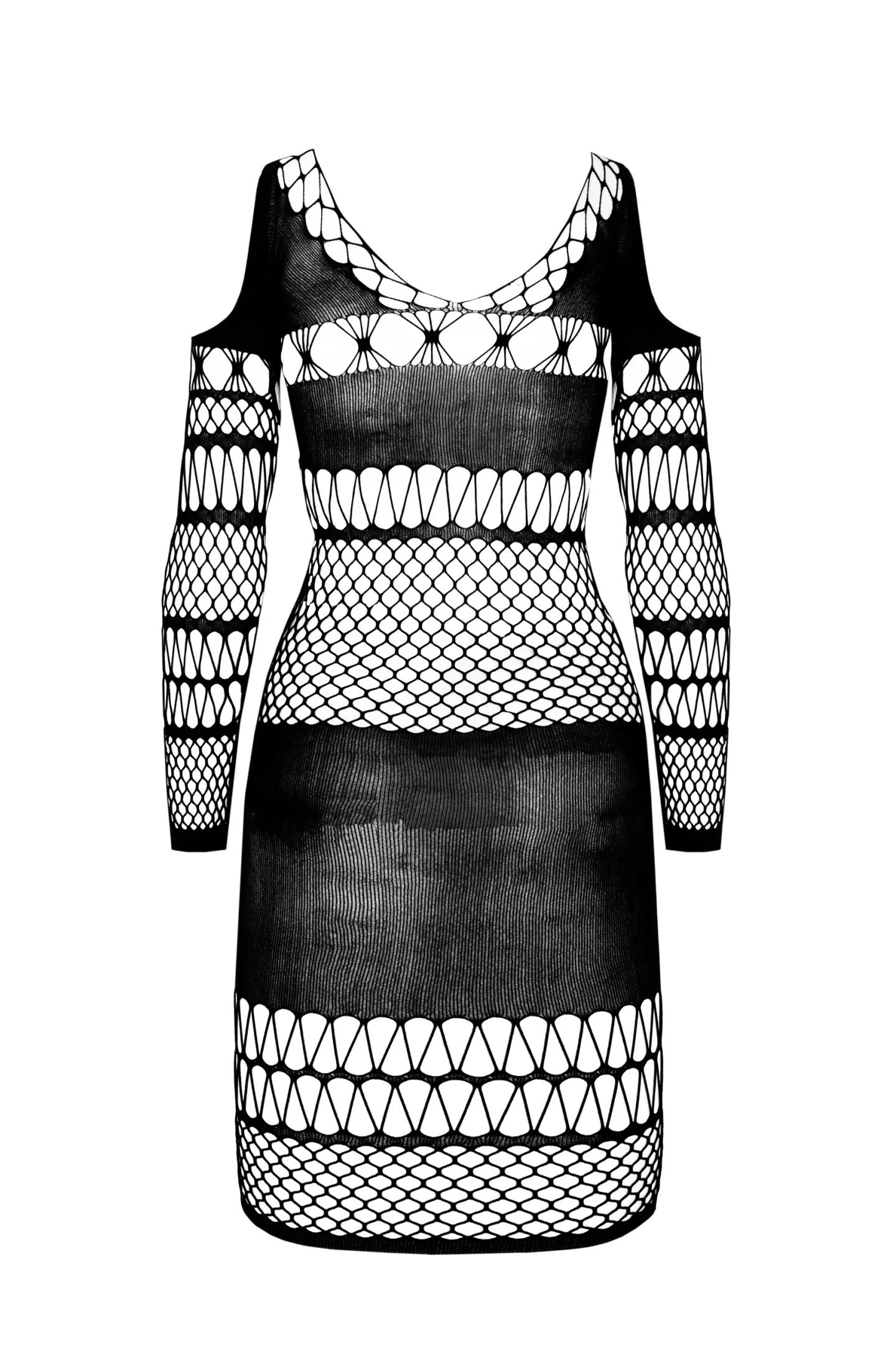 Eng anliegendes Minikleid aus elastischem Netzmaterial mit langen Ärmeln für einen verführerischen Look, der begeistert! Schwarzes Netzkleid BS105