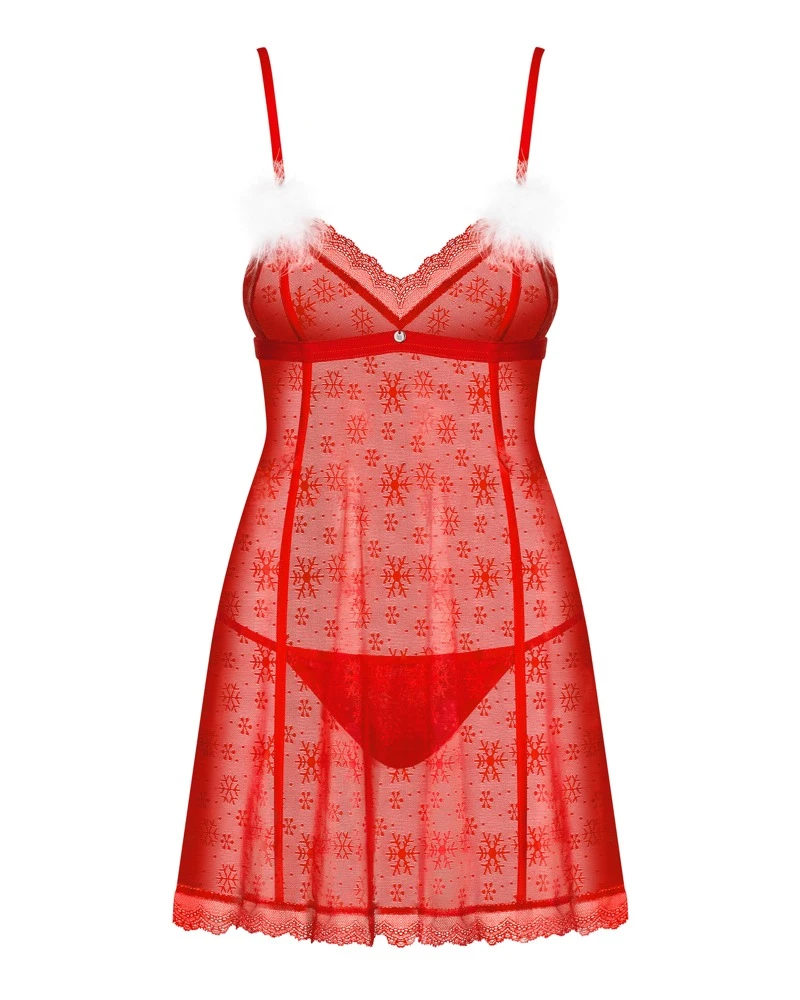 Negligé-Set Claussica: Reizwäsche mit Negligé und String, Roter Stretchtüll im Schneeflocken-Design mit süßen Bommel-Verzierungen und offener Rückseite