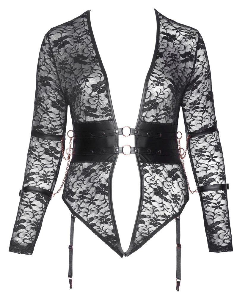 Cottelli Sinnlicher Ouvert-Body: Spitze, Armfesseln und Mattlook-Tailleneinsatz