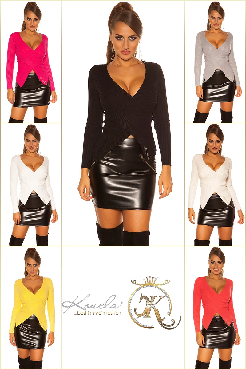 Verführerischer Rippstrick-Pullover im Wickel-Look