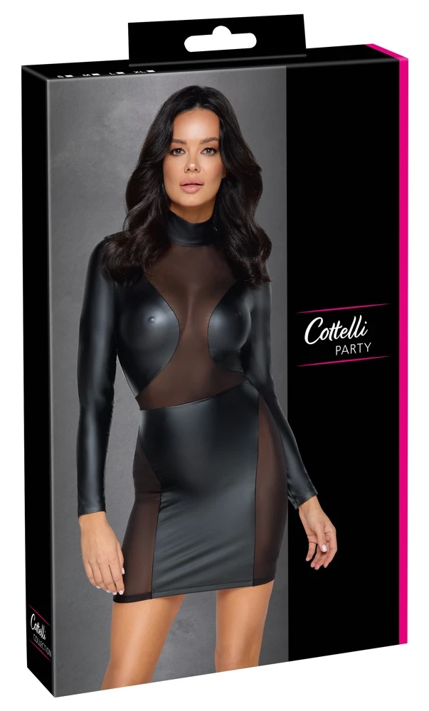 Cottelli PARTY Kleid Langarm mit Mattlook und Powernet Einsätzen hoher Kragen