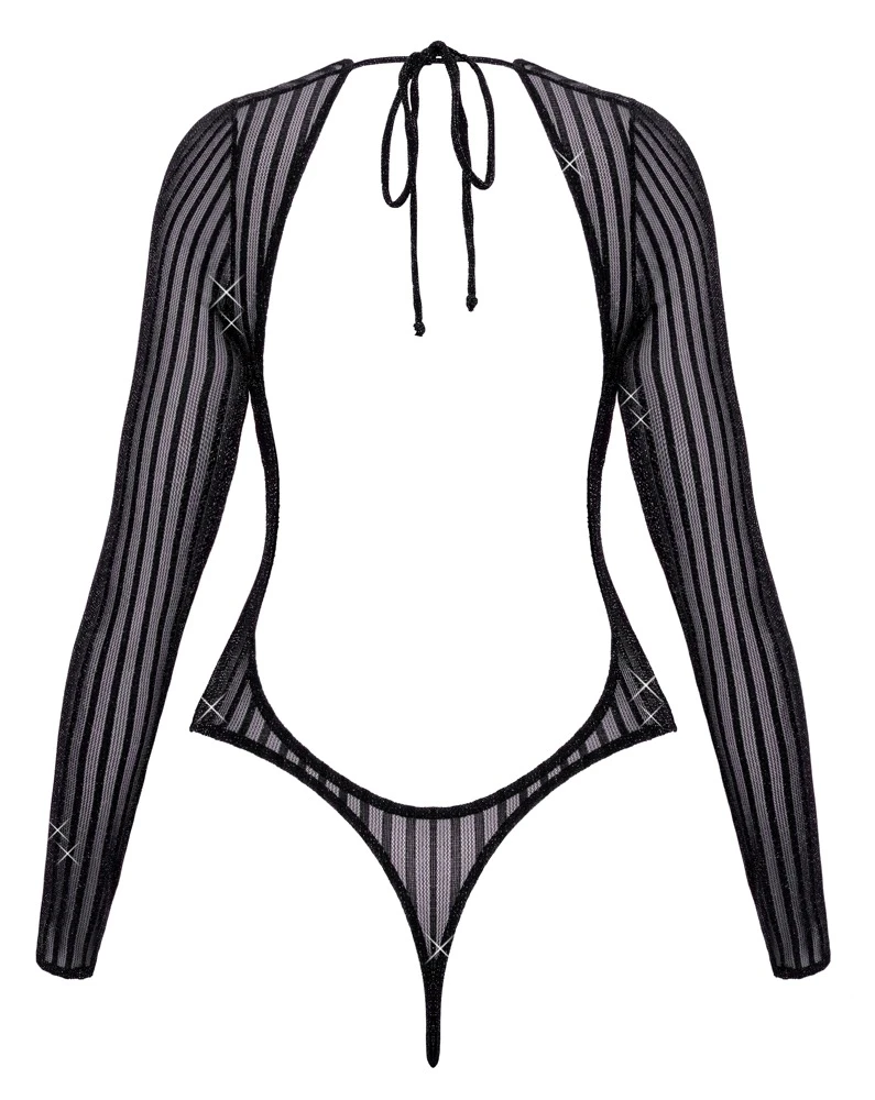 Langarm Riobody transparent mit Silver-Lurex Streifenlook rückenfrei Neckholder Riostring schwarze sexy Reizwäsche Fantasy by Cottelli