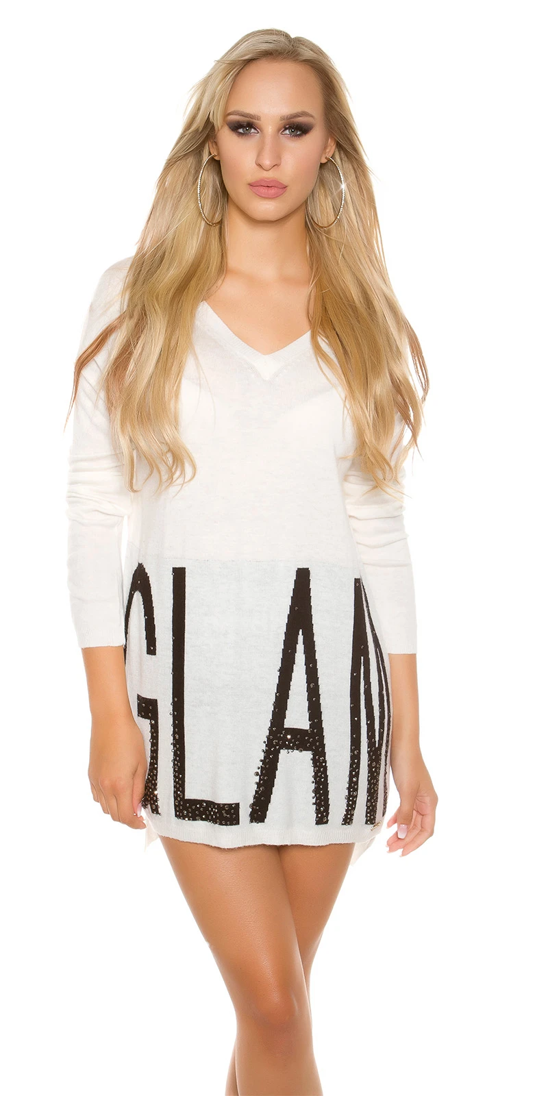 Lässiger Oversize-Pulli im Long-Style mit Schriftzug und Strass