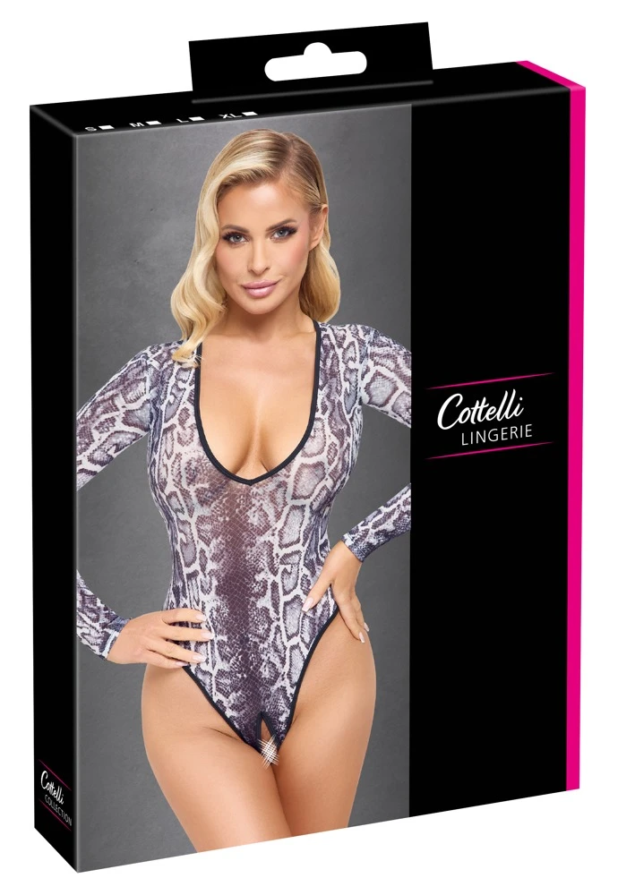 Cottelli LINGERIE MUST HAVE Body Schlangenhaut-Optik, Langarm Tiefer V-Ausschnitt sexy Ouvert