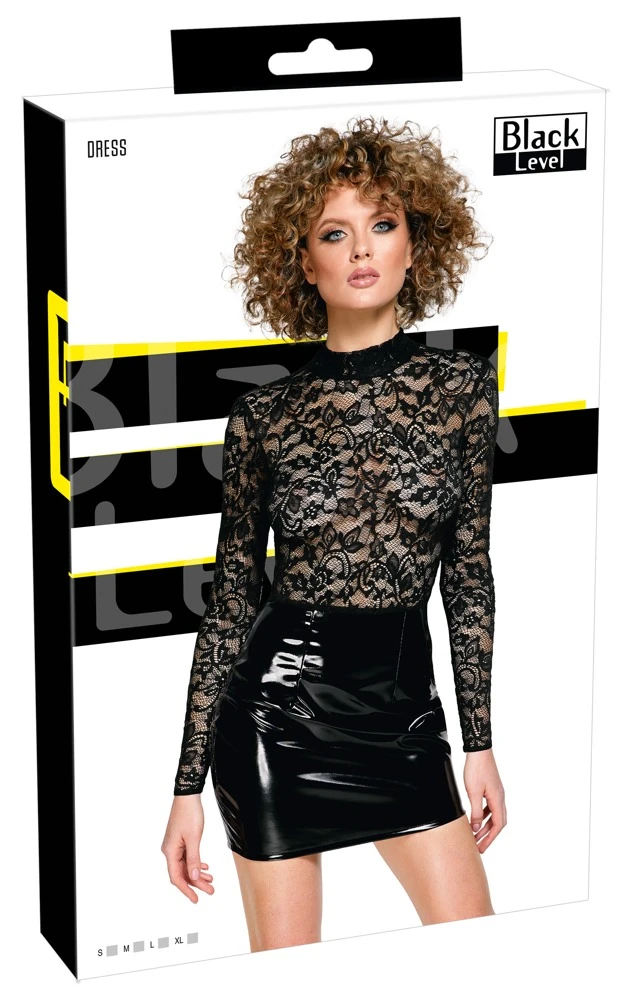 Langarm-Minikleid Rückenfrei von Black Level: Elegante Spitze trifft glänzenden Lackfür verführerischen Tragekomfort und Stil