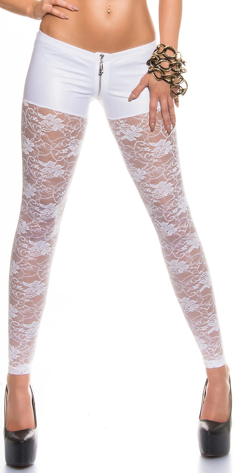 Gogo Spitzen Wet Look Leggings mit Hotpants-Effekt und Zipper Gogo Spitzen Wet Look Leggings mit Hotpants-Effekt und Zipper