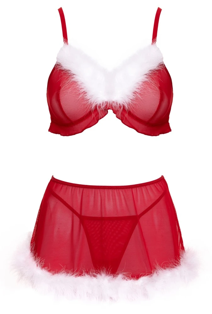 3-teiliges Dessous-Set X-Mas aus rotem Powernet mit weißem Federbesatz an BH-Top, Minirock und String für festliche Sinnlichkeit