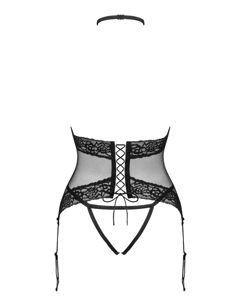 Obsessive Korsett und Tanga in verführerischen schwarz. Eine kombination aus Netz und Spitze mit femininen Detail umspielt.