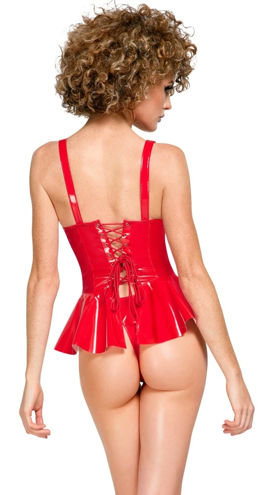 Glänzendes Kinky Lack-Set von Black Level in Rot: Tailliertes Schößchen-Top mit Reißverschluss, variabler Schnürung und Riostring!