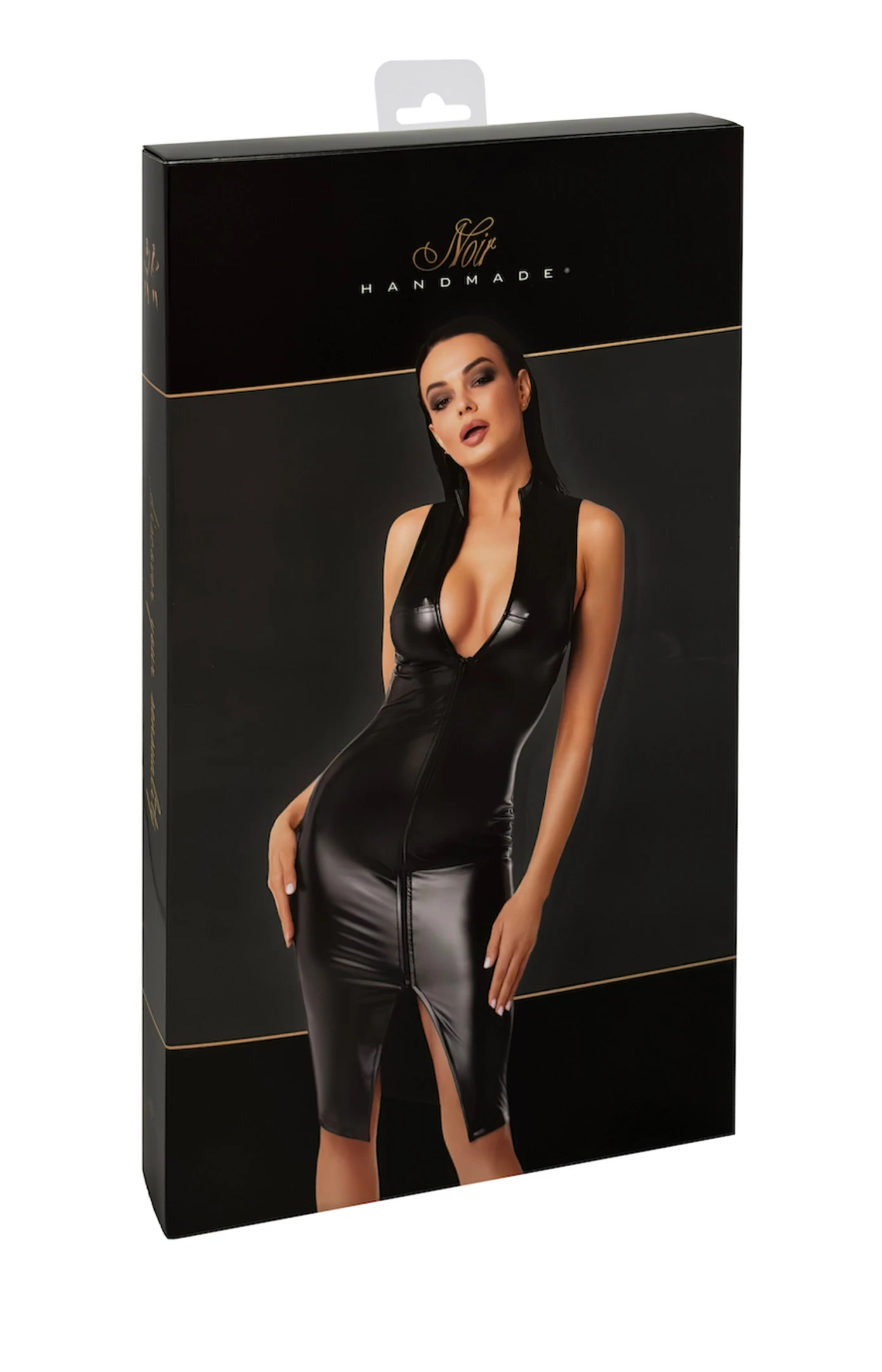 F337 halblanges Wetlook Kleid, Club Wear, Elegantes Wetlook-Kleid mit Stehkragen, 2-Wege-Reißverschluss und freiem Dekolleté