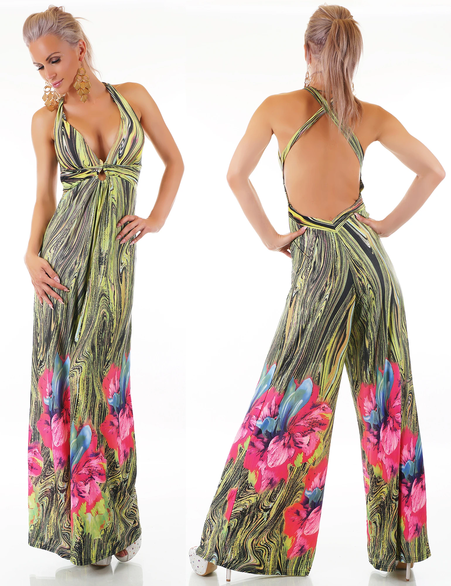 Tropical Sommer Printed Maxi V-Neck Träger Marlene Jumpsuit Rückenfrei Tropical Sommer Printed Maxi V-Neck Träger Marlene Jumpsuit Rückenfrei