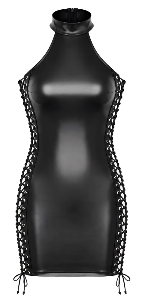 Kinky Minikleid im matten Powerwetlook mit seitlicher Schnürung, schulterfreiem Neckholder und figurbetontem Schnitt von Noir Handmade
