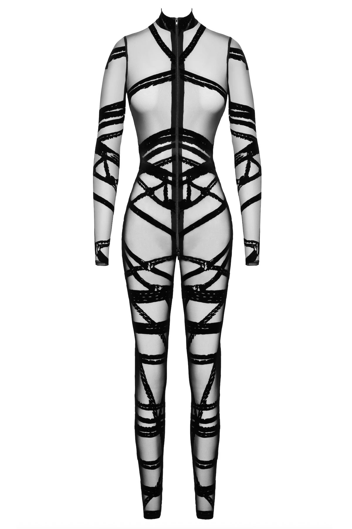 Bondesque Kinky Catsuit Noir Handmade F357 aus weichem, elastischem Tüll mit Shibari-Flock, langen Ärmeln und praktischem Drei-Wege-Reißverschluss für einen kraftvollen, stilvollen Look