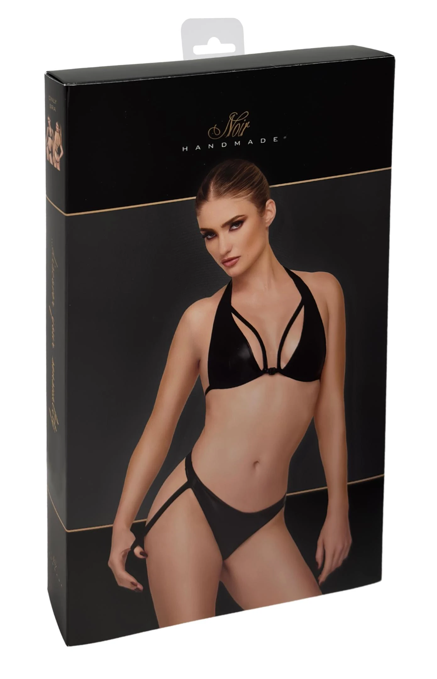 Bralette – Kinky erotisches Wetlook Dessous mit Hals-Design, Power-Material, dekorativen Brust-Trägern & Frontverschluss F391 Noir Handmade Troublemaker