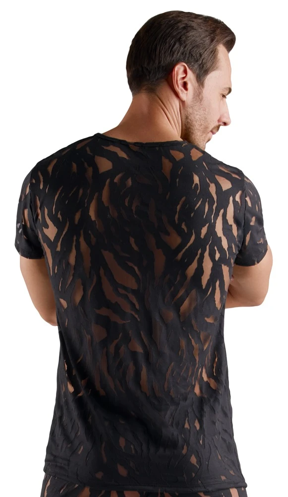 Herren Kurzarm-Shirt schwarz Ausbrenner-Optik transparent weich elastisch figurbetont stylisch anschmiegsam mit Wow-Effekt von Svenjoyment