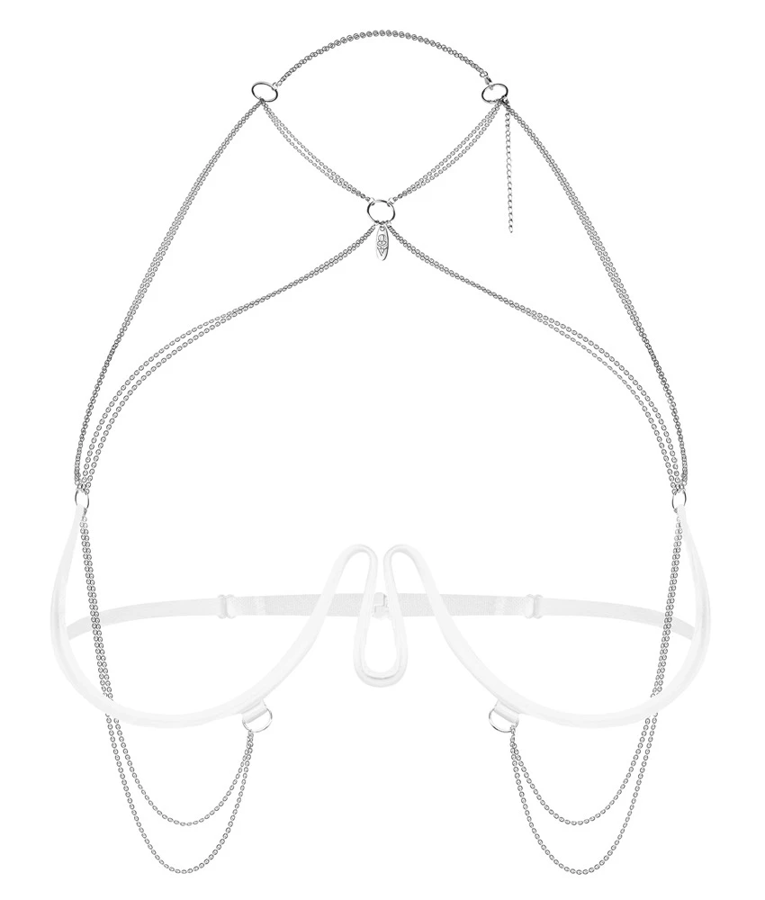 Bügel-BH Harness im Ouvert-Design von Obsessive mit verstellbarem Kettchen-Neckholder, Schmuck im Dekolleté und schwingenden Kettchen