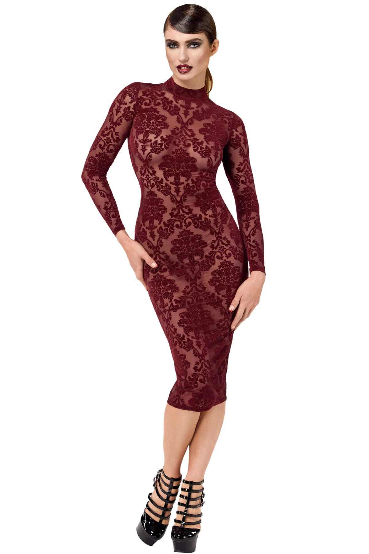 F384 halblanges Flockkleid Kinky Royal aus weichem elastischem Tüll mit floraler Flockstickerei, tiefem Rückenausschnitt und Hakenverschluss am Kragen – knielanges Design, das deine Kurven betont – von Noir Handmade