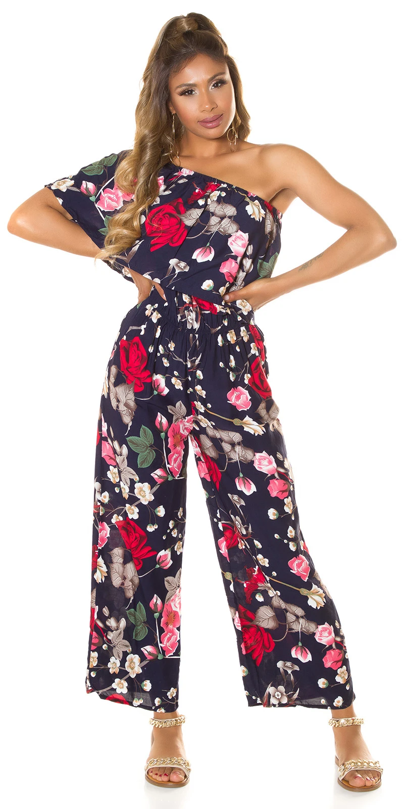 Rose Printed One Shoulder Maxi Marlene Viskose Jumpsuit mit Volant