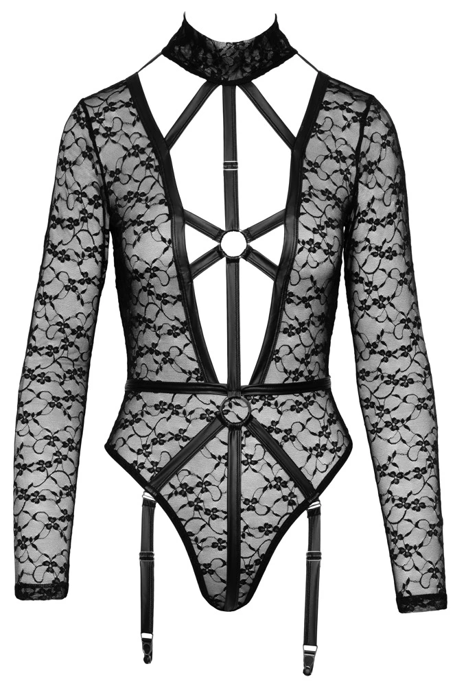 Cottelli LINGERIE Langarm-Straps-Riobody komplett aus weicher Spitze Bondage Look