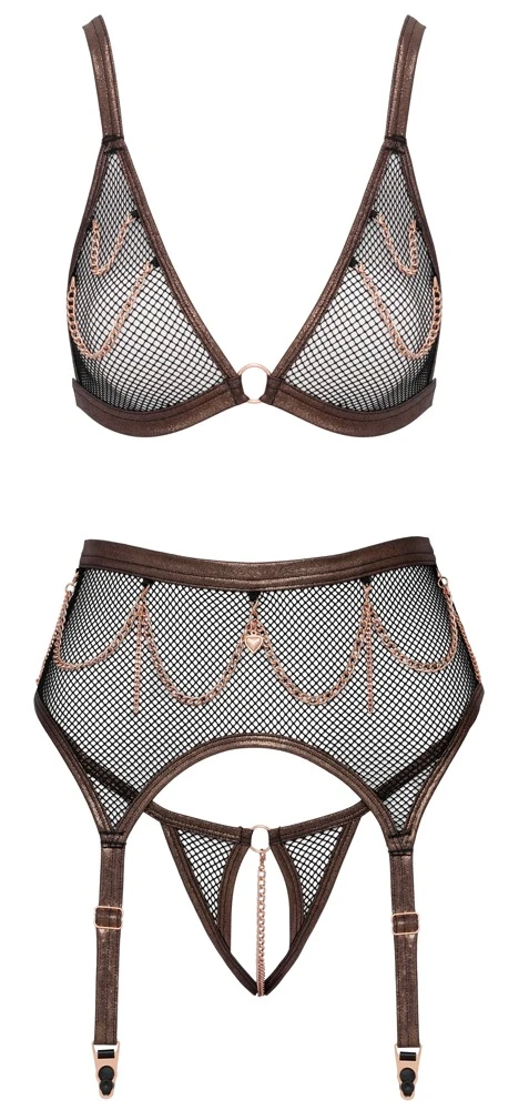 Abierta Fina 3-teiliges Straps-Set Soft-BH Strapsgürtel Ouvert-String schwarzes Netz roségoldene Ketten Dessous Glamour