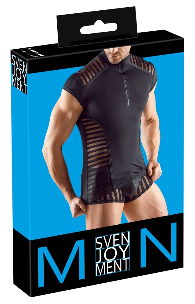 Herren Shirt Figurbetonendes Shirt aus weicher Mikrofaser mit transparenten Streifen-Einsätzen, Stehkragen und Reißverschluss