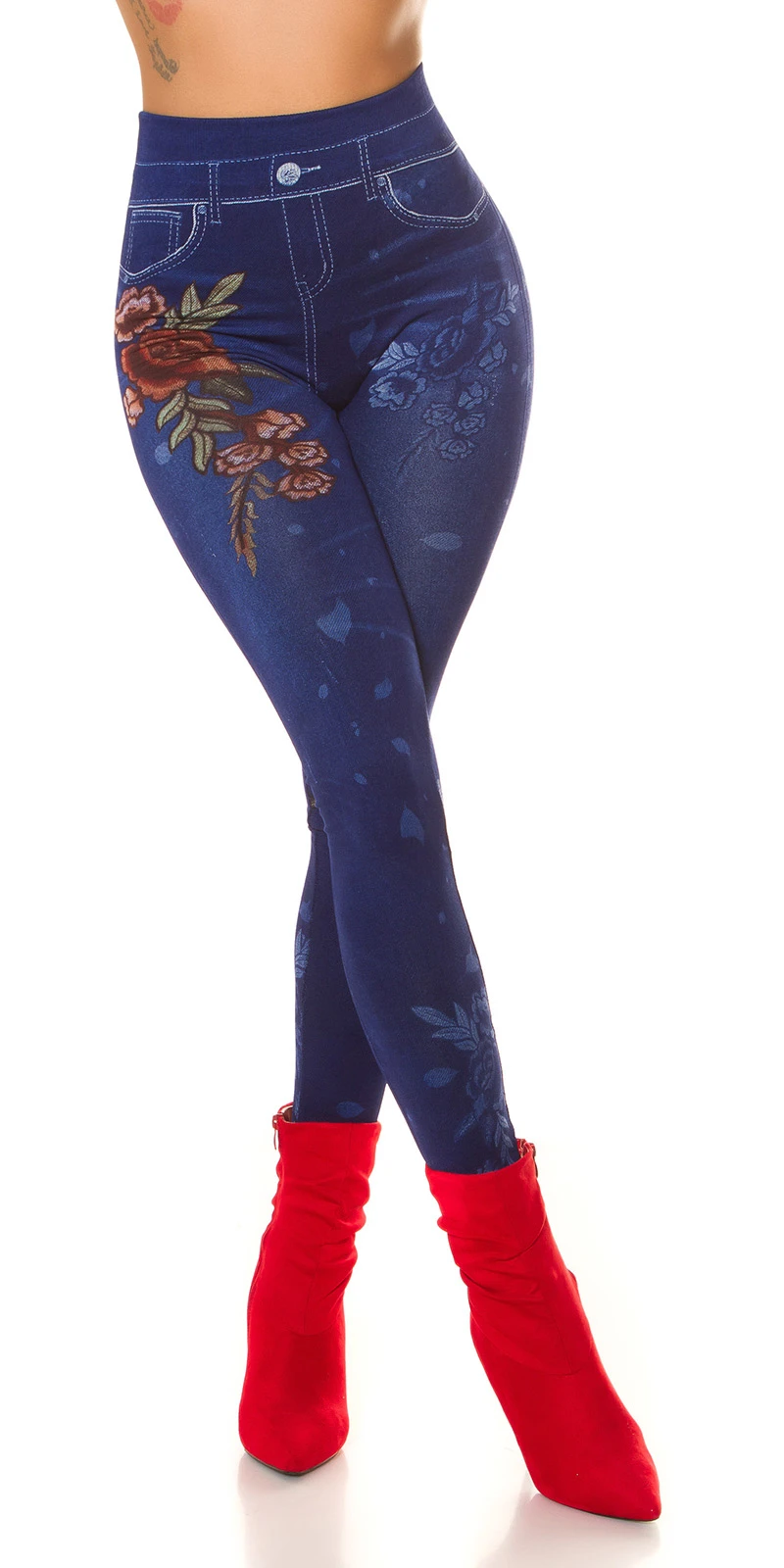 Flower Printed High Waist Jeans Look Leggings Flower Printed High Waist Jeans Look Leggings