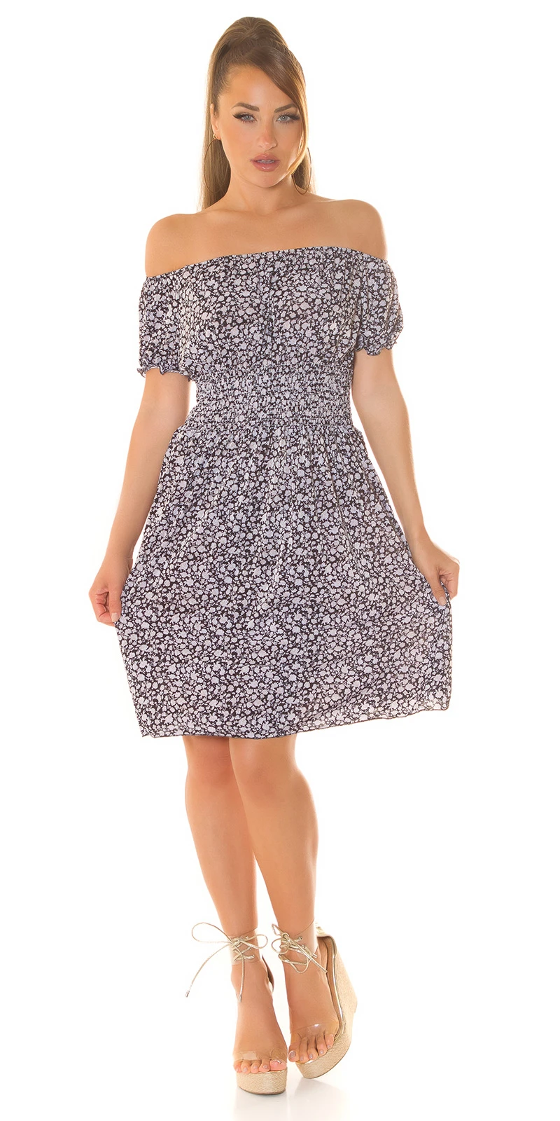 Off Shoulder Carmen Sommerkleid Kurzarm Midikleid Kleid Knielang mit floralem Print Blumenmuster Off Shoulder Carmen Sommerkleid Kurzarm Midikleid Kleid Knielang mit floralem Print Blumenmuster