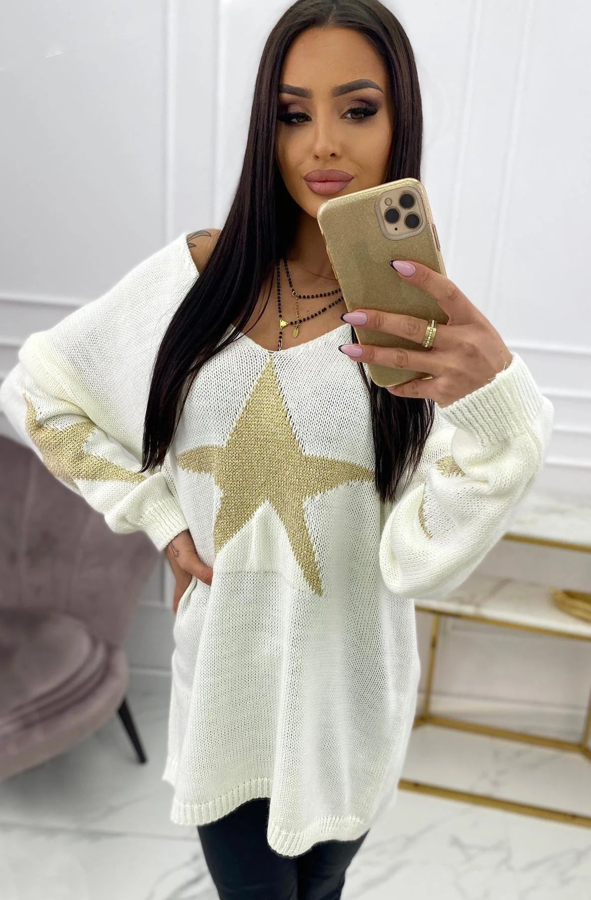 Uni V-Neck Langarm Pullover im Long-Style mit Stern