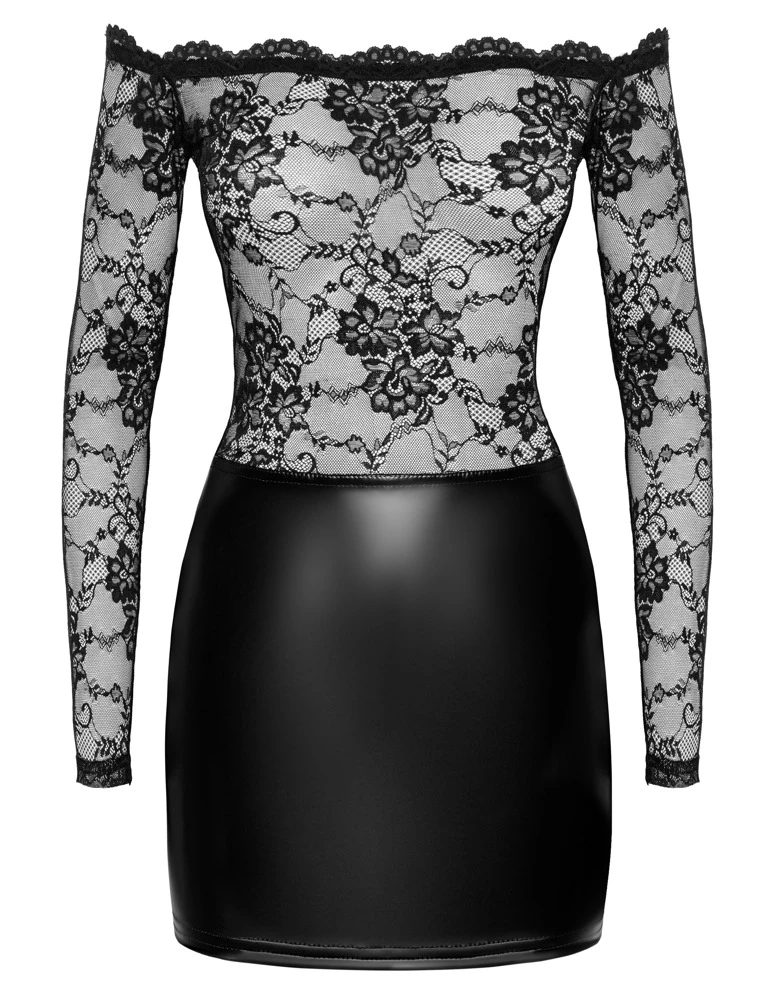 Noir Handmade Schulterfreies Hautenges Langarm-Minikleid, Materialmix Spitze & Powerwetlook