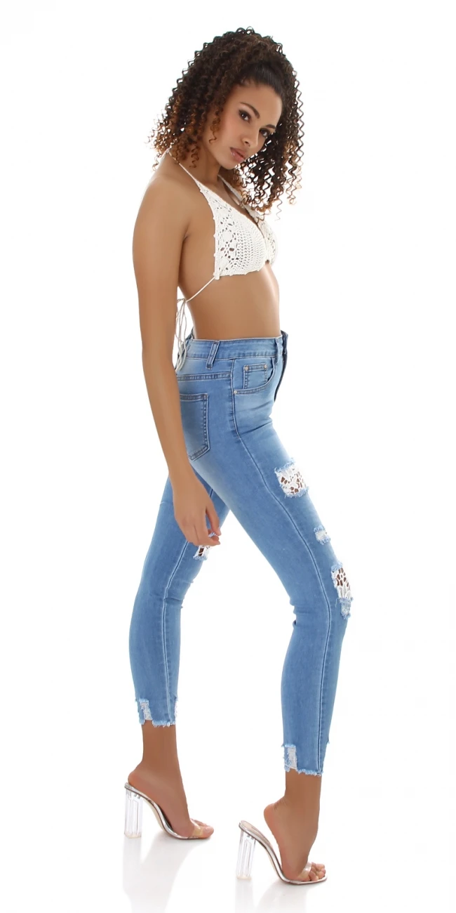 High Waist Destroyed Skinny Jeans mit Deko Spitze High Waist Destroyed Skinny Jeans mit Deko Spitze
