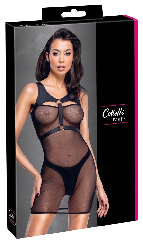 Schwarzes Netz-Minikleid mit Mattlook-Harness & hoch geschnittenem Riostring im raffinierten Set von Cottelli PARTY