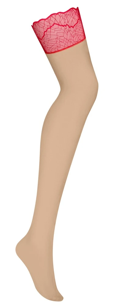 Nudefarbene Straps-Strümpfe Cupide Desir von Obsessive mit roten Spitzen-Abschlüssen für dein perfektes Outfit
