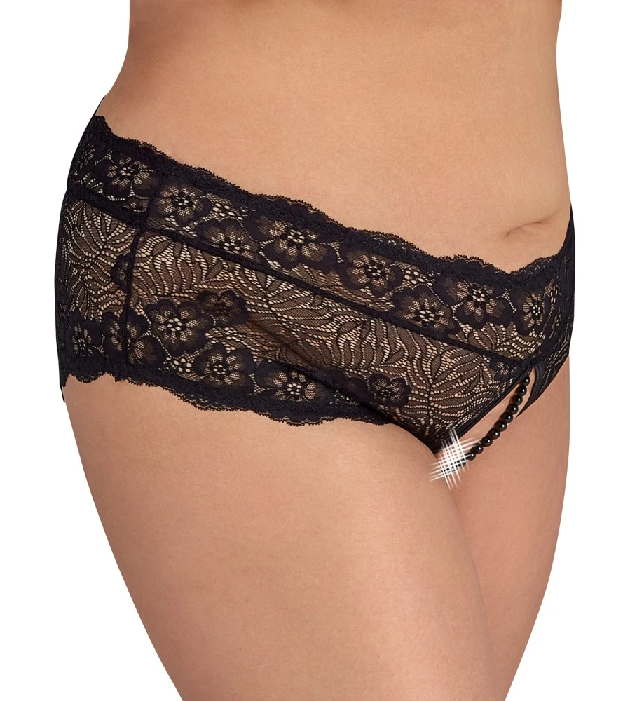 Cottelli CURVES Slip mit Perlen komplett aus feiner floraler Spitze Ouvert Slip
