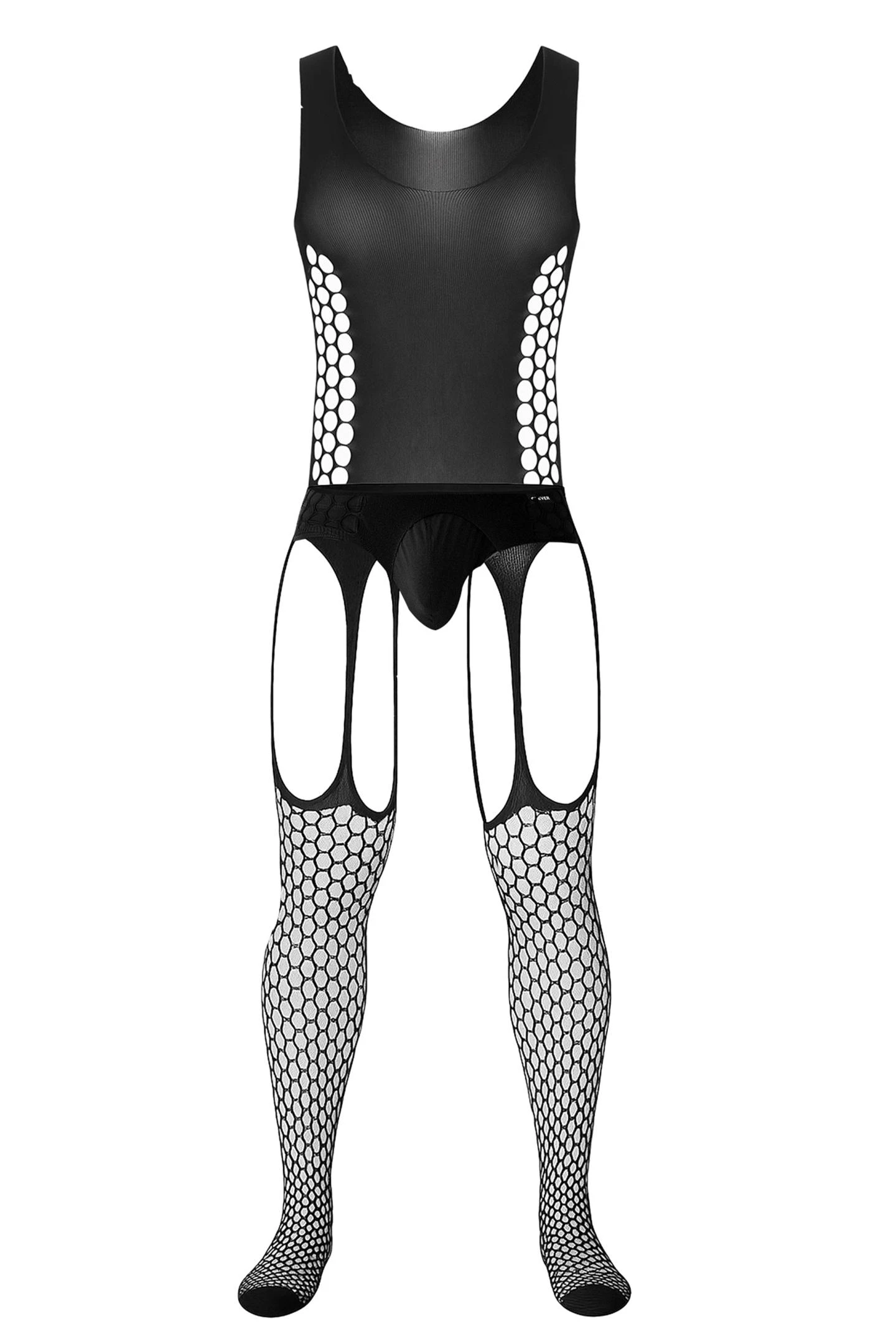 Provokanter Herren Bodystocking ouvert RAV118 aus weichem, dehnbarem Netzmaterial mit offenem Schritt von CUT4MEN für markante, selbstbewusste Underwear-Looks