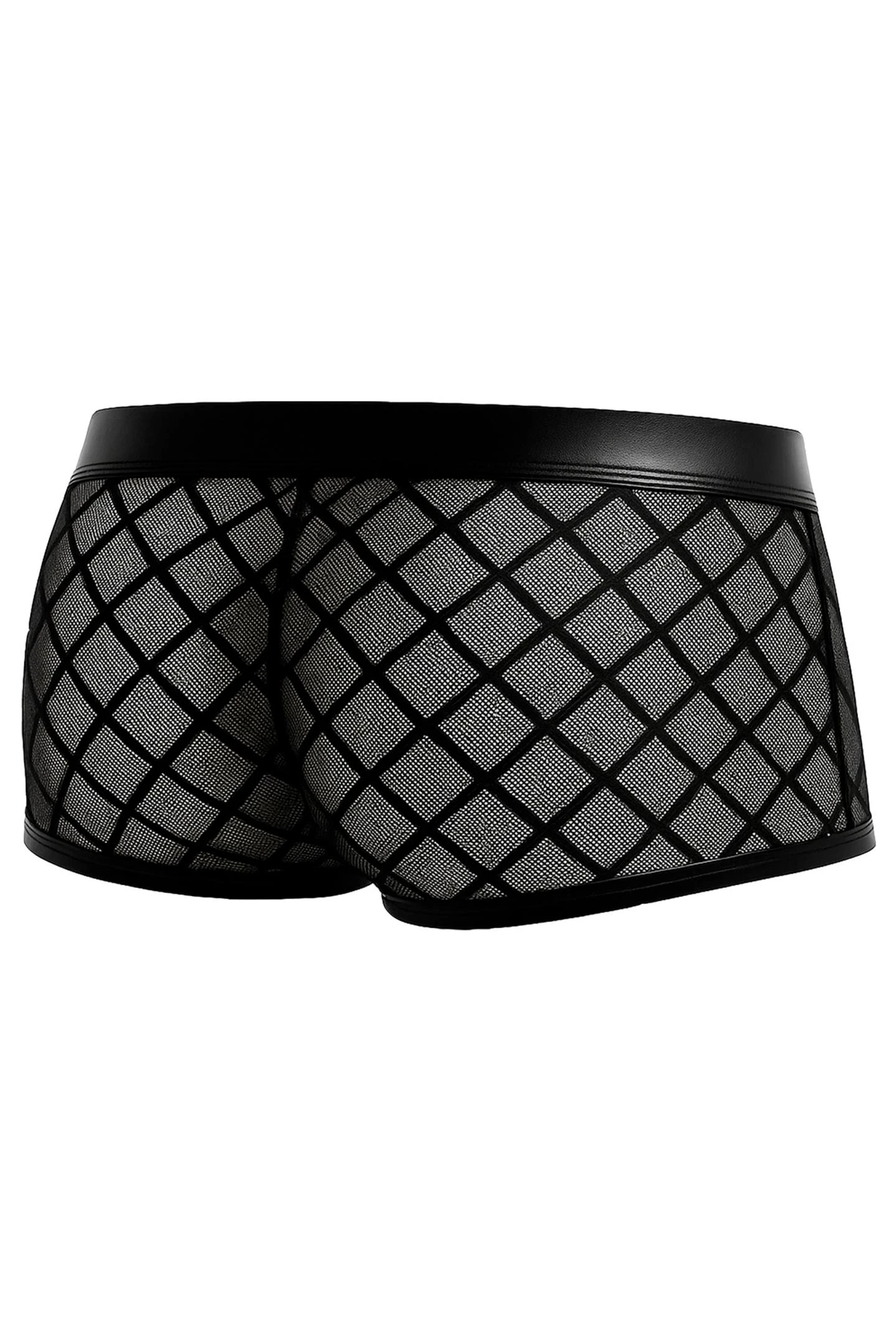 Schwarzer Trunk Shorts RAV110 aus dehnbarem Netz mit maskulinem Suspensorium, glattem Bund und dezentem Logo für einen markant-sexy CUT4MEN Look