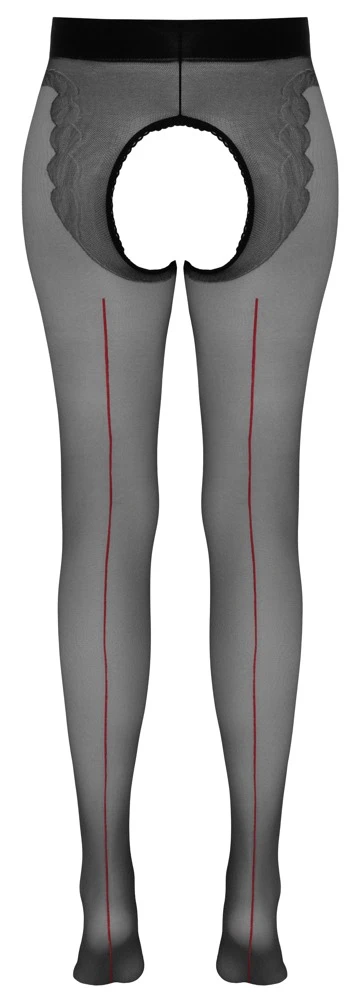 Cottelli Raffinierte Verführung: Seidige Straps-Strumpfhose mit roter Ziernaht und offenem Schritt