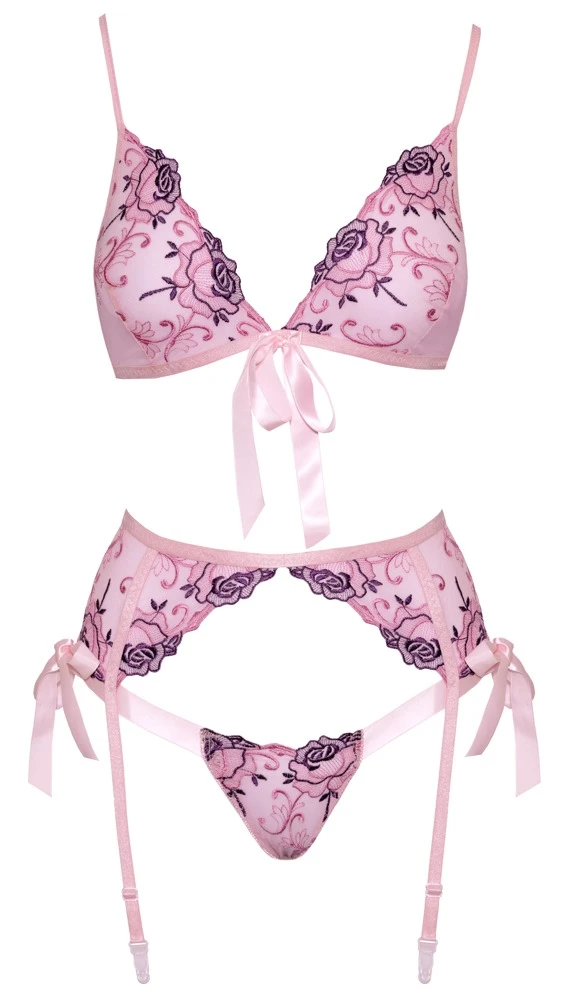 kissable Reizende Reizwäsche Lingerie mit Soft-BH, Strapsgurt & String. Pofrei, roséfarbener Powernet
