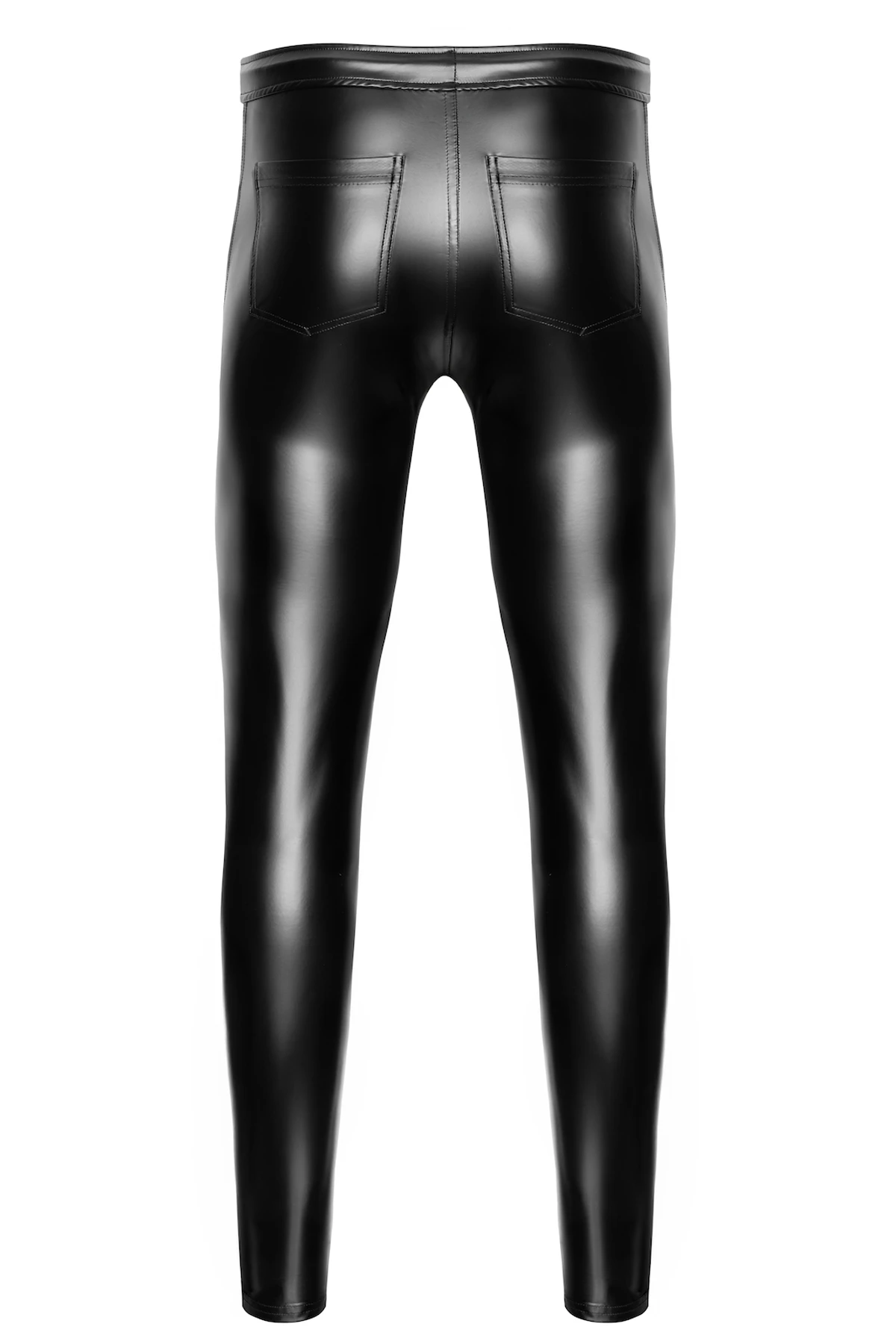 Noir Handmade Men Herrenhose Rogue H087 in schwarzem Powerwetlook mit PVC-Knieeinsätzen, figurbetontem Schnitt, flexiblem Material und verstellbarem Bund für einen markant sexy Look