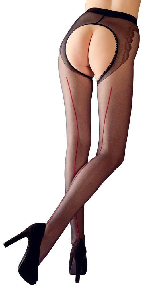 Cottelli Raffinierte Verführung: Seidige Straps-Strumpfhose mit roter Ziernaht und offenem Schritt