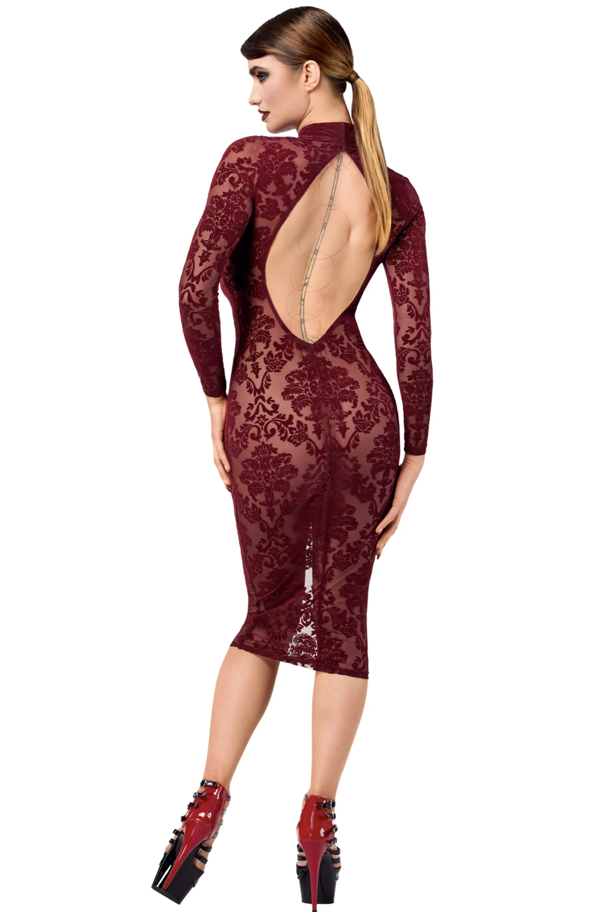 F384 halblanges Flockkleid Kinky Royal aus weichem elastischem Tüll mit floraler Flockstickerei, tiefem Rückenausschnitt und Hakenverschluss am Kragen – knielanges Design, das deine Kurven betont – von Noir Handmade