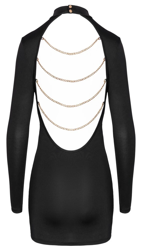 Schwarzes Langarm-Minikleid von Cottelli PARTY – eng tailliert mit tiefem Rückenausschnitt und goldfarbenen Ketten, die abnehmbar sind, für einen sexy und aufregenden Look vorne edel, hinten unwiderstehlich Schwarzes Langarm-Minikleid von Cottelli PARTY – eng tailliert mit tiefem Rückenausschnitt und goldfarbenen Ketten, die abnehmbar sind, für einen sexy und aufregenden Look vorne edel, hinten unwiderstehlich