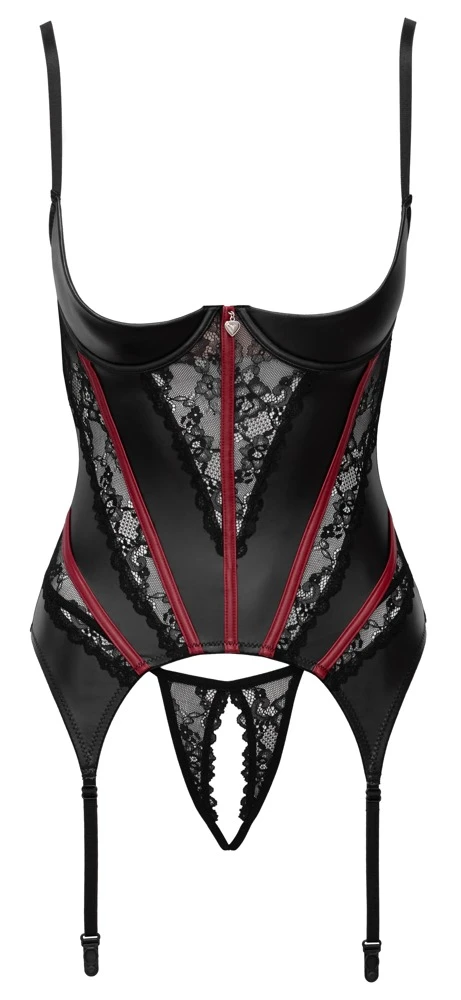 Dessous Set Hebe-Strapshemd & Ouvert-String Cottelli LINGERIE schwarzer Mattlook Spitze rote Streifen Bügelcups