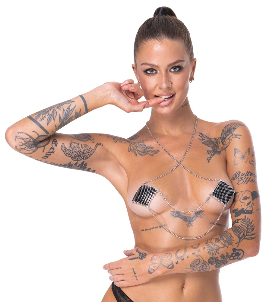 Cottelli Rauten-Nippelsticker mit silberfarbenen Schmucksteinchen hautfreundlichem Bio-Kleber und Kettchen mehrfach verwendbar