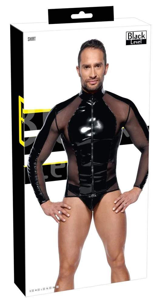 Extravagantes schwarzes Langarm-Shirt von Black Level aus glänzendem Lack mit aufregend transparenten Netz-Einsätzen. Extravagantes schwarzes Langarm-Shirt von Black Level aus glänzendem Lack mit aufregend transparenten Netz-Einsätzen.