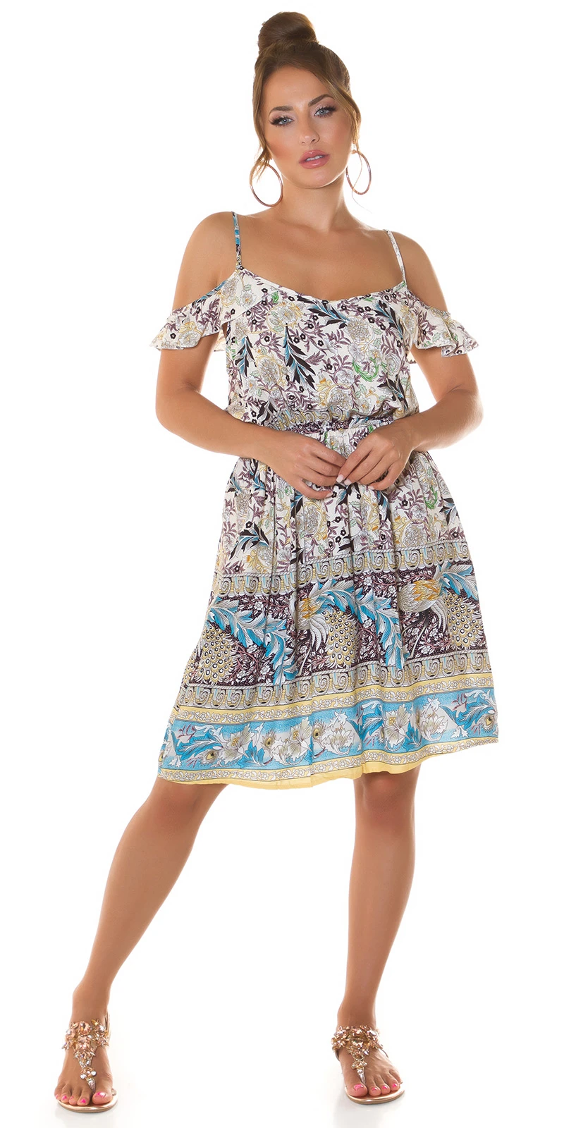 Printed Cold Shoulder Sommer Midi Viskose Kleid Printed Cold Shoulder Sommer Midi Viskose Kleid