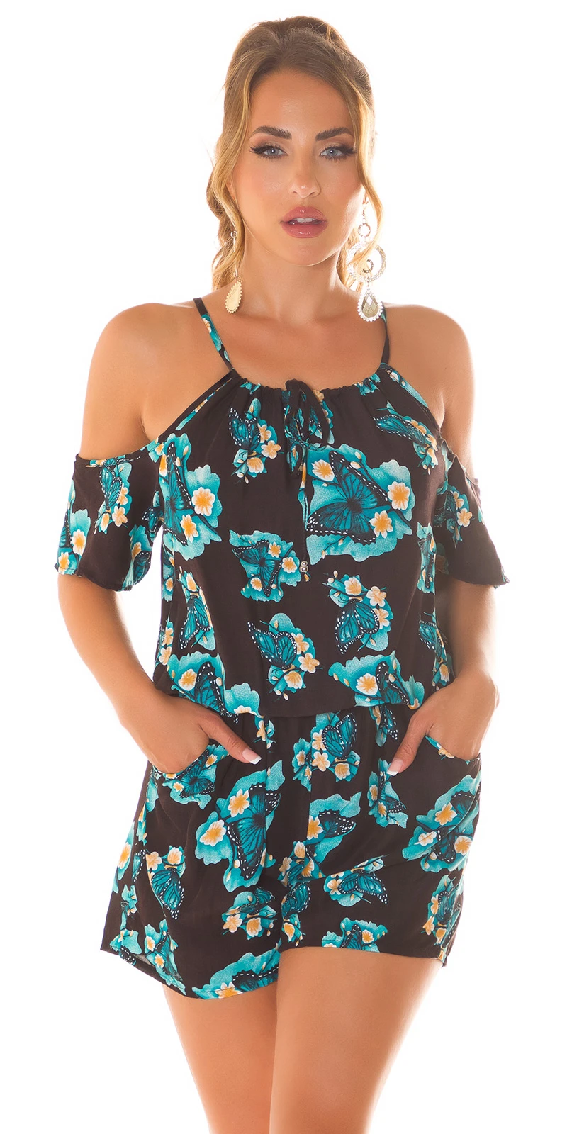 Butterfly Sommer Printed Viskose Short Jumpsuit im Cold Shoulder-Style Butterfly Sommer Printed Viskose Short Jumpsuit im Cold Shoulder-Style