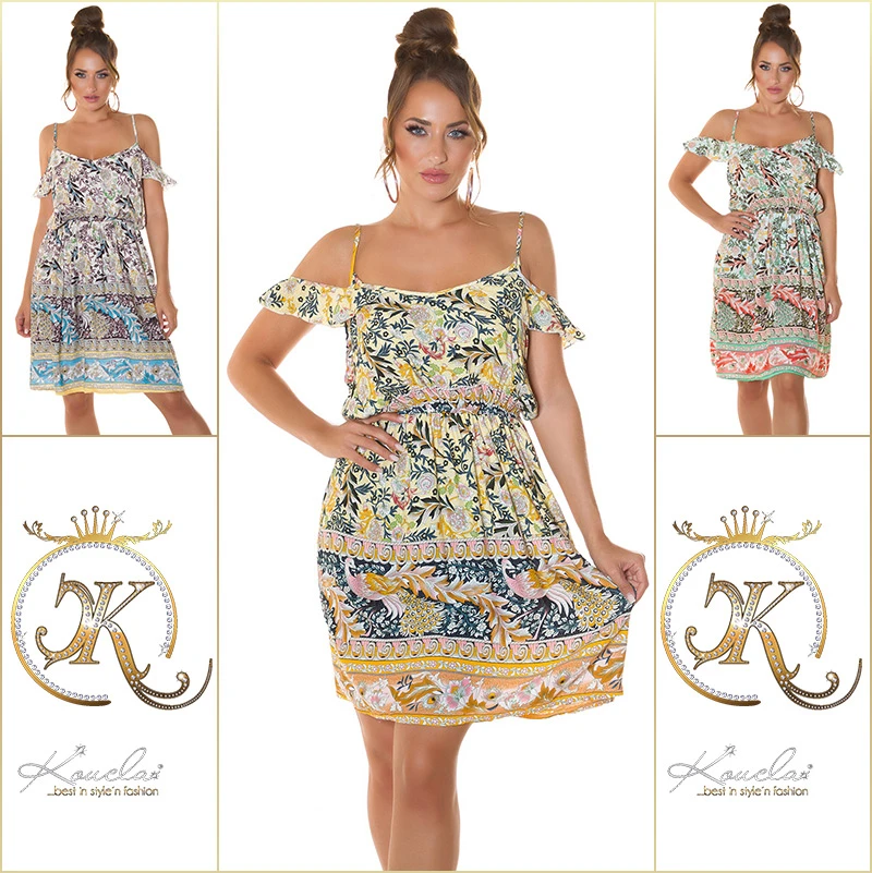 Printed Cold Shoulder Sommer Midi Viskose Kleid Printed Cold Shoulder Sommer Midi Viskose Kleid