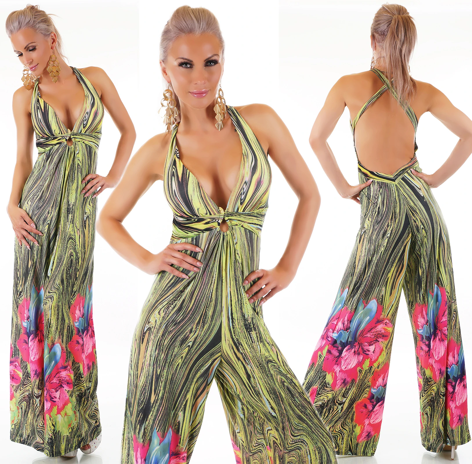 Tropical Sommer Printed Maxi V-Neck Träger Marlene Jumpsuit Rückenfrei